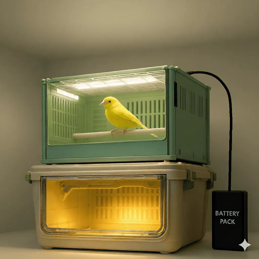 Illuminazione LED USB per trasportini avicoli SeasonGenerator con canarino in esposizione